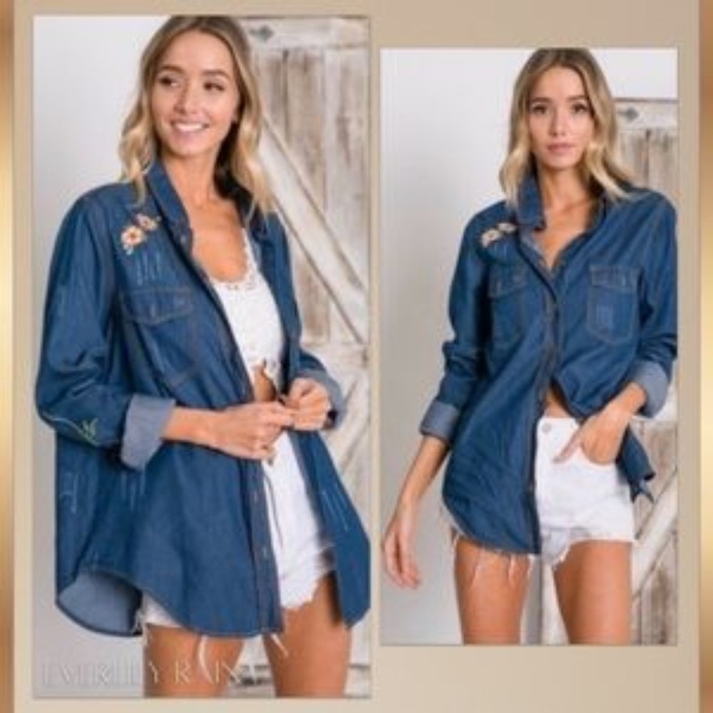 BRAND NEW - Embroidered Denim Button Up Top - Three Sizes to choose from!